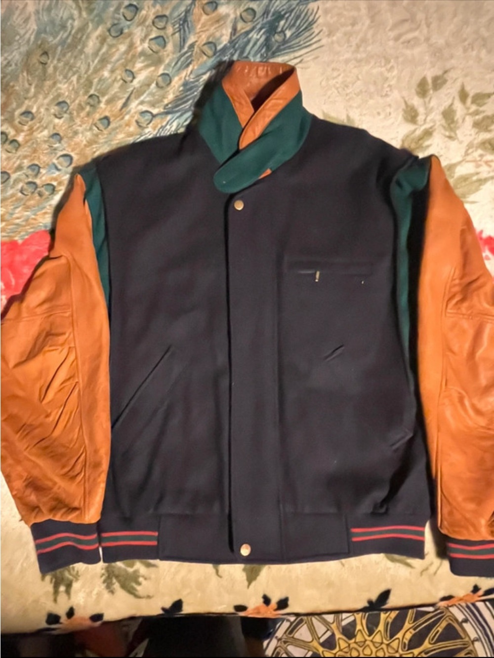 Gant Two-Tone Wool and Leather Bomber Jacket - Navy, Tan, Green